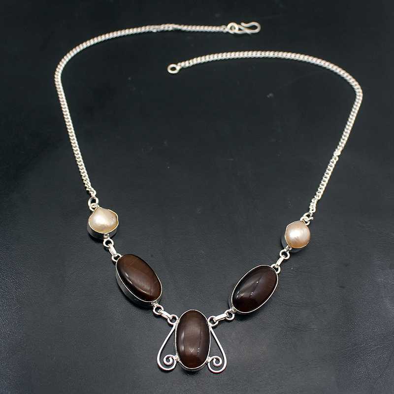 

Hermosa Natural Tigers Eye White Pearl Silver Color Chain Necklace 18 inch A904