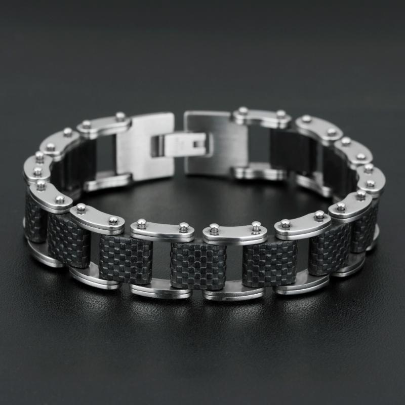 

New Fashion Men's Male Stainless Steel Silicone Stripe Chain Link Bracelets Black Bangle Jewelry Gift AIC88