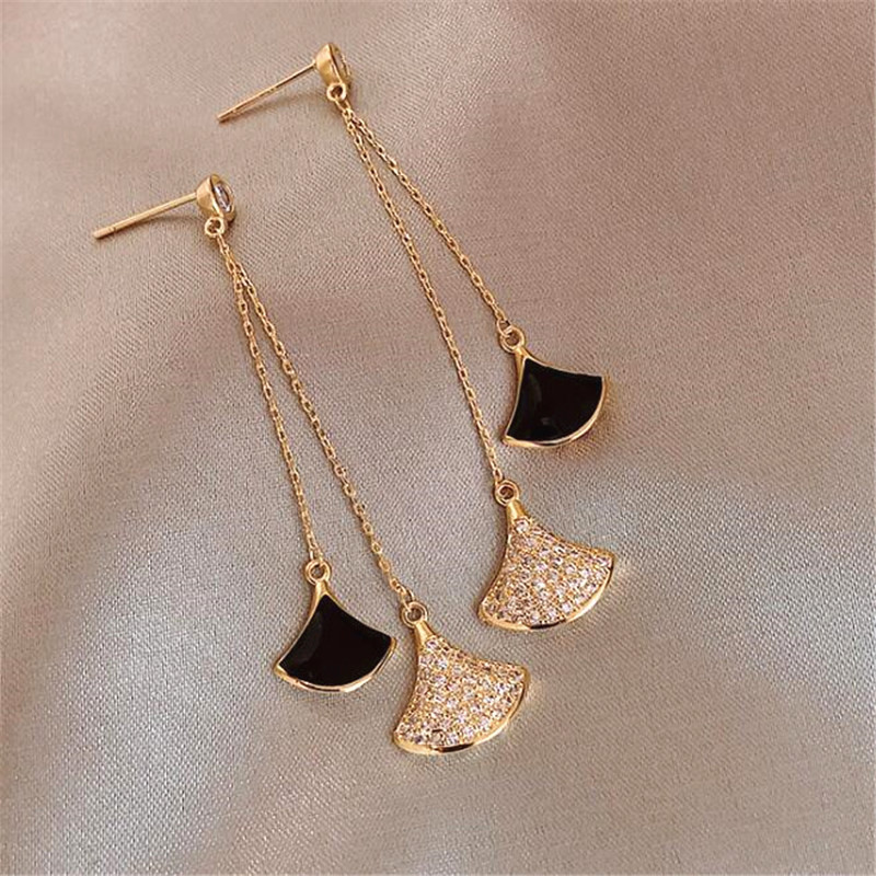 

FYUAN Vintage Black Enamel Sector Drop Earrings for Women Elegant Long Tassel Crystal Dangle Earrings Weddings Jewelry Gifts