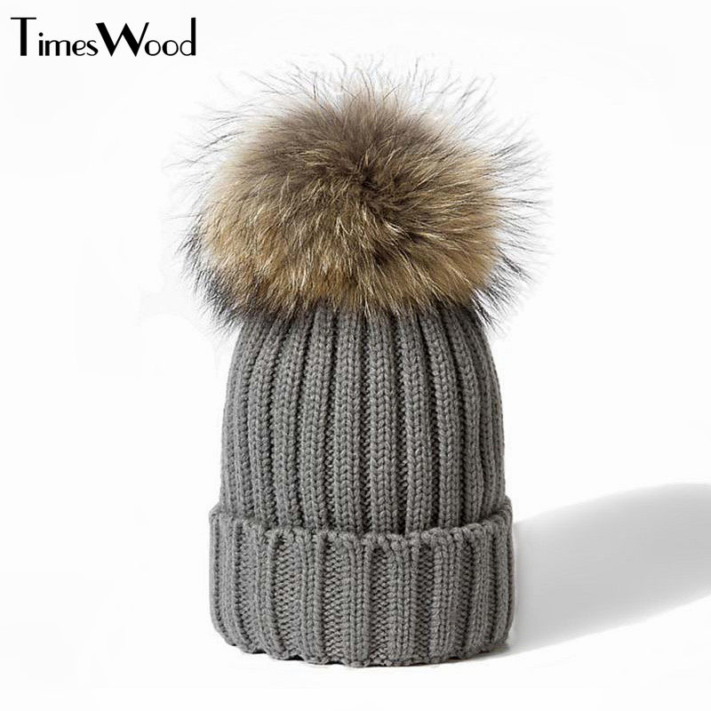 

Real Fur Hat Knitted Real Big Raccoon Pom Pom Hat Women Winter Unisex Warm Chunky Thick Stretchy Knit Caps With Pompom, Small ball white