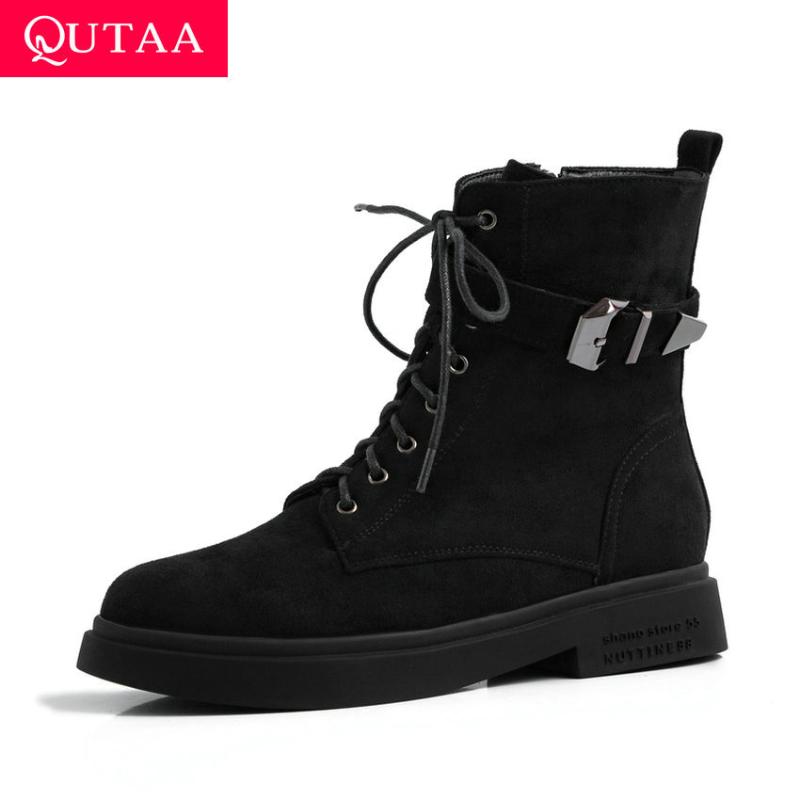 

QUTAA 2020 Flock Round Toe Lace Up Zipper Casual Women Shoes Winter Warm Fur Fashion Metal Decoration Ankle Boots Size 34-43, Black