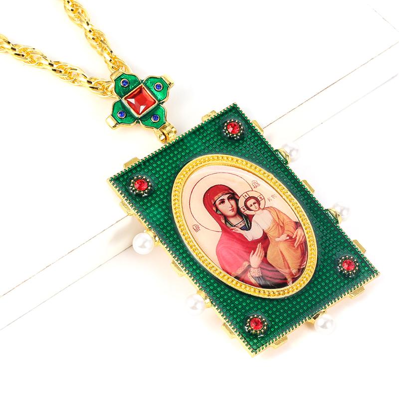 

Vintage religious necklace Square Green dripping oil Necklace with box Christian Church Priest Pectoral 120CM Christian