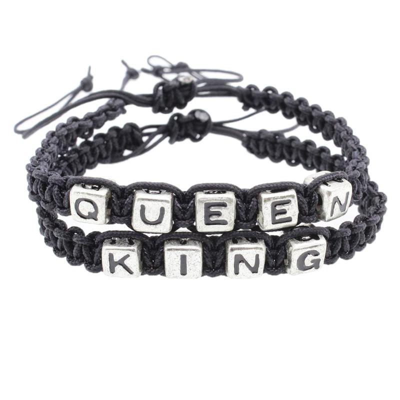 

2Pcs/Set Unisex KING QUEEN Charm Braided Rope Bracelet Bangle Adjustable Jewelry Trendy Couple Bracelet Jewelry Christmas Gift