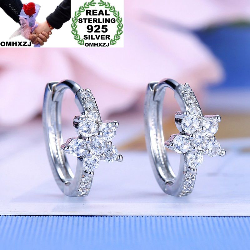

OMHXZJ Wholesale European Fashion Woman Girl Party Wedding Gift Flower White Zircon S925 Sterling Silver Hoop Earrings EA445