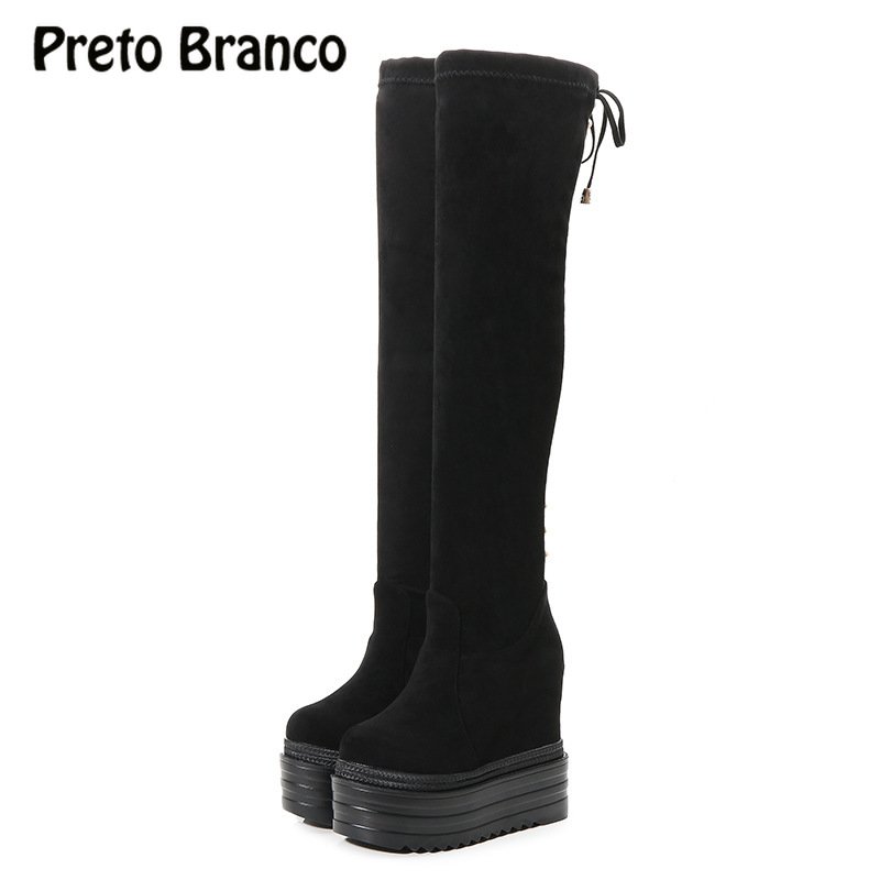 

PRETO BRANCO Slope Knee Boots Female Autumn and Winter Slender and Long Cylinder Plush Thick Bottom High Cotton Boots Women, Black