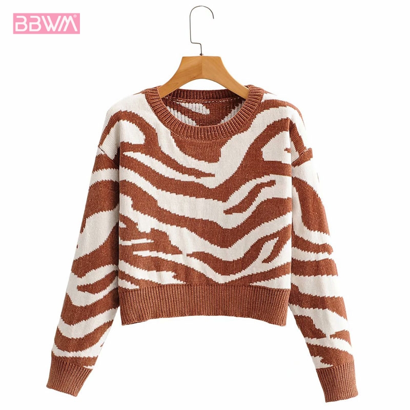 

Zebra Pattern Round Neck Long Sleeve Pullover Chic Women's Sweater Harajuku Leopard Print Warm Lazy Knit Female Sweater, Brown