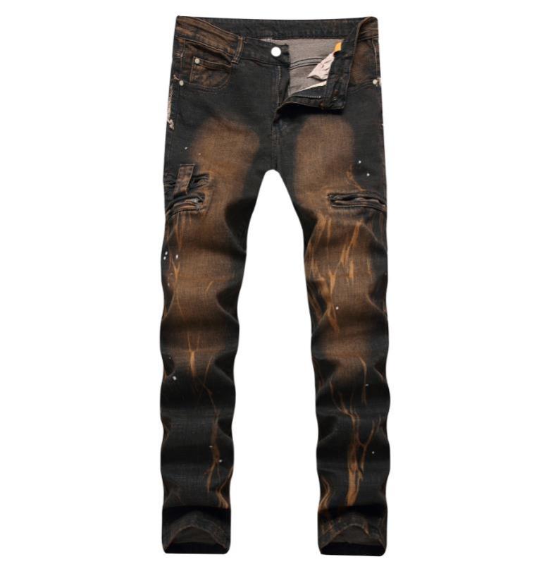 

Brand Men's New Casual Zipper Packets Ripped Biker Men Straight Stretch Denim Oil Print Vintage Jeans Trousers Size 28-42, Brown