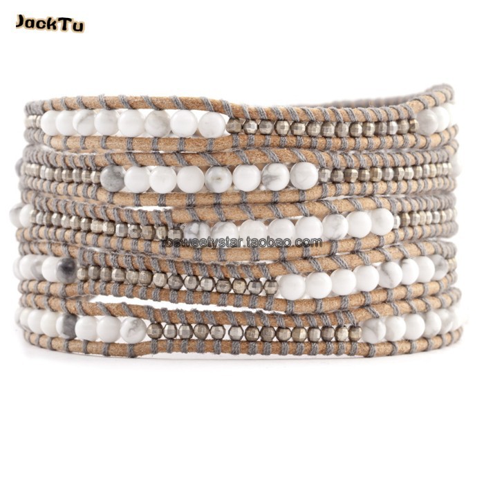 

laser stone mix howlite beads leather bracelet women and men, Golden;silver
