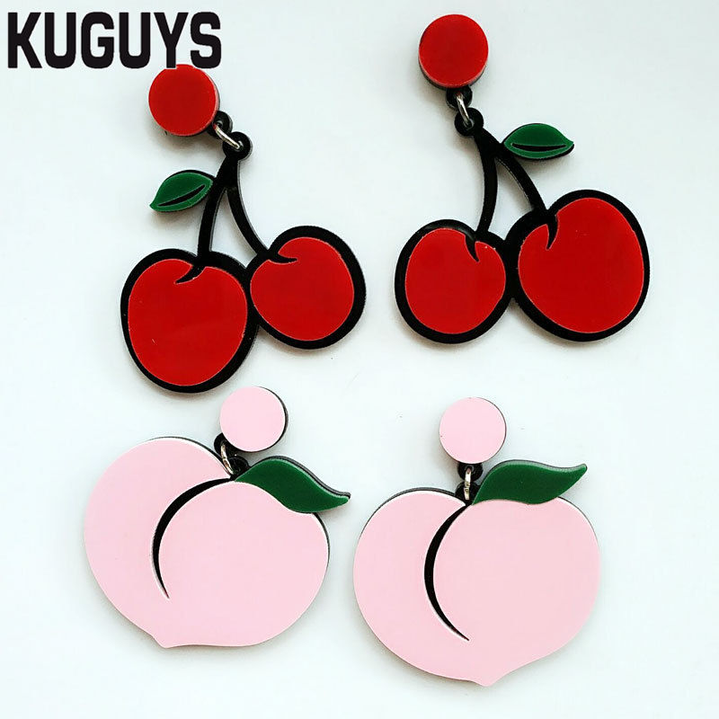 

KUGUYS Acrylic Jewelry Fashion Cute Pink Peach Drop Earrings for Women Pendientes Romantic Red Cherry Dangle Earring