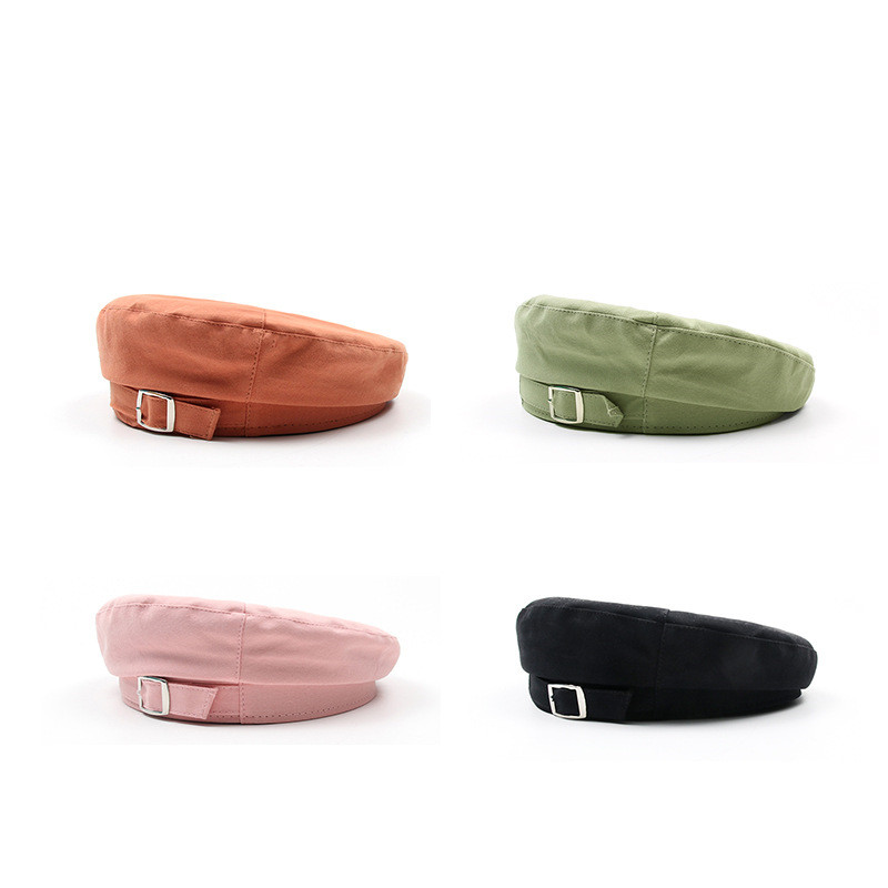 

2020 Solid color metal buckle beret painter hat octagonal hat women and girl, Black