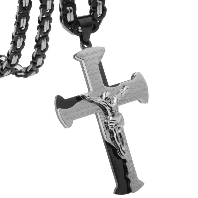 

Granny Chic 361L Stainless Steel Black Silver Color Jesus Cross Pendant Necklaces 6mm Heavy Link Byzantine Chain Men Necklace