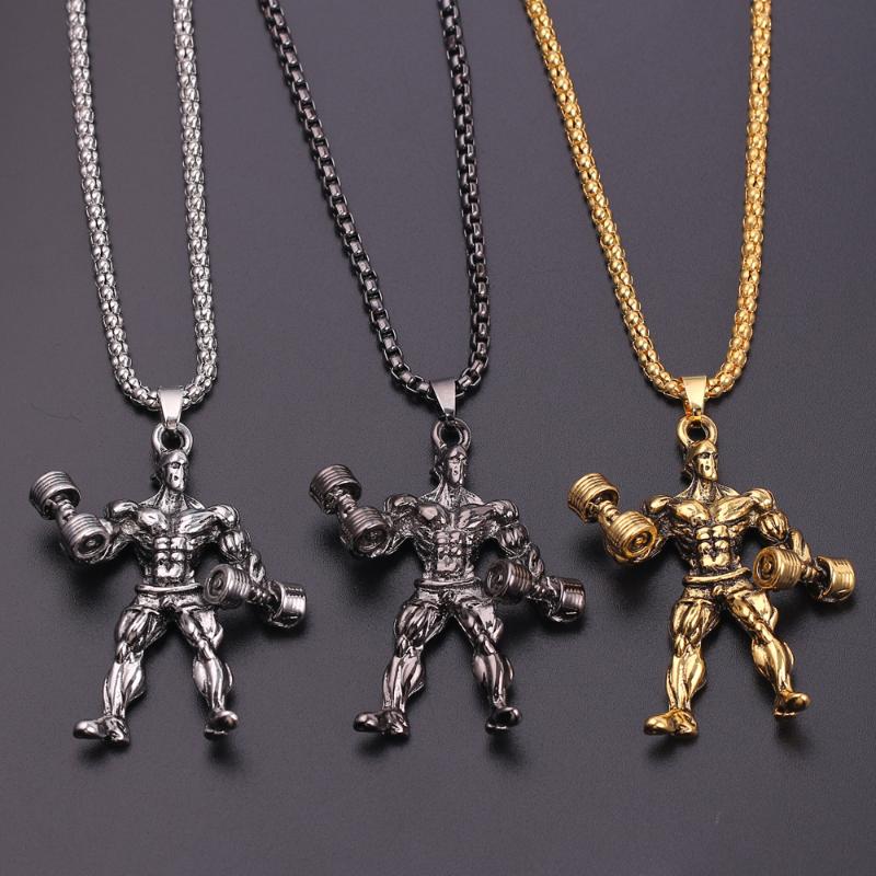 

Muscular man lifting dumbbell shape pendant necklace sporty style chain neckalces for men accessories