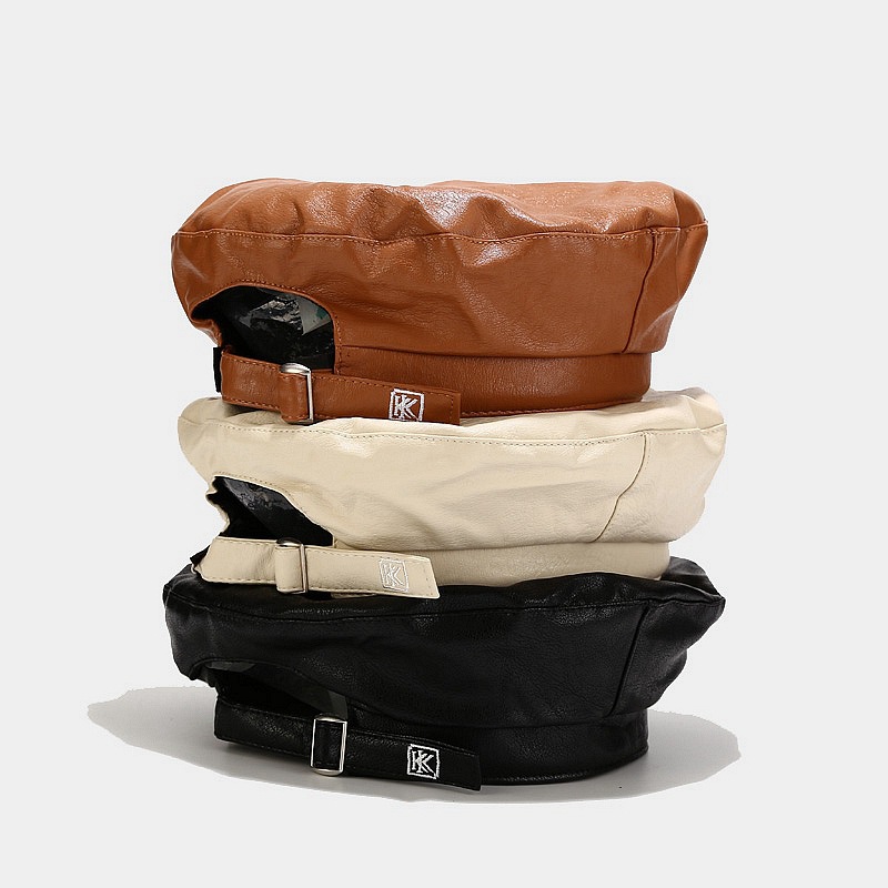 

Berets Pu Leather Beret Femme For Women KK Letter Embroidery Painter Hat, Black