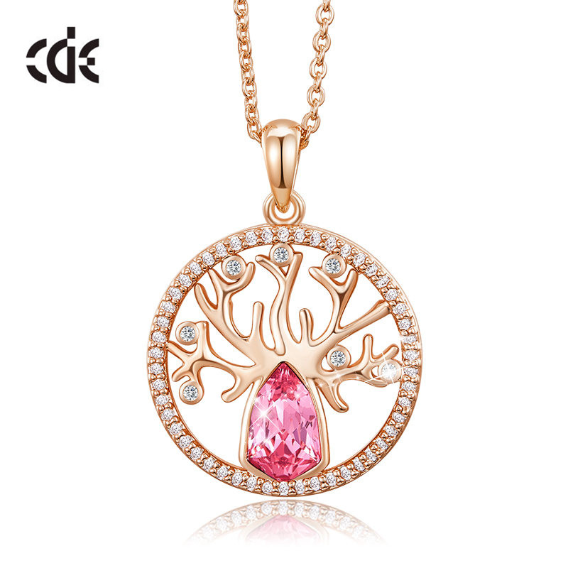 

CDE 2020 Women's Micro Pave Zircon Round Shaped Gold Color Tree of Life Pendant Chain Necklace with Pink Crystal from