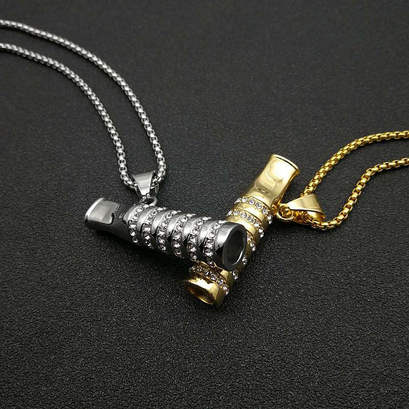 

Hip Hop Rhinestones Paved Bling Iced Out Gold Color Stainless Steel Cigarette Holder Pendants Necklace for Men Rapper Jewelry