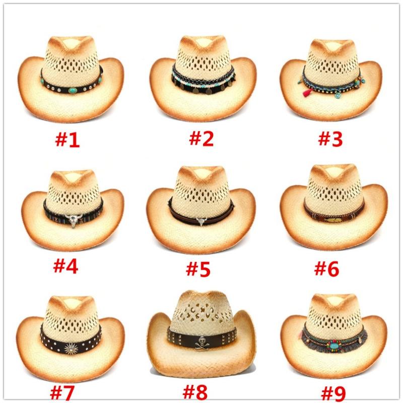 

2020 Women Men Sun Sun Hat With Punk Leather Band Straw Lady Dad Beach Sombrero Cap Mesh Cowboy Jazz Hat Size 58CM, C2 caz