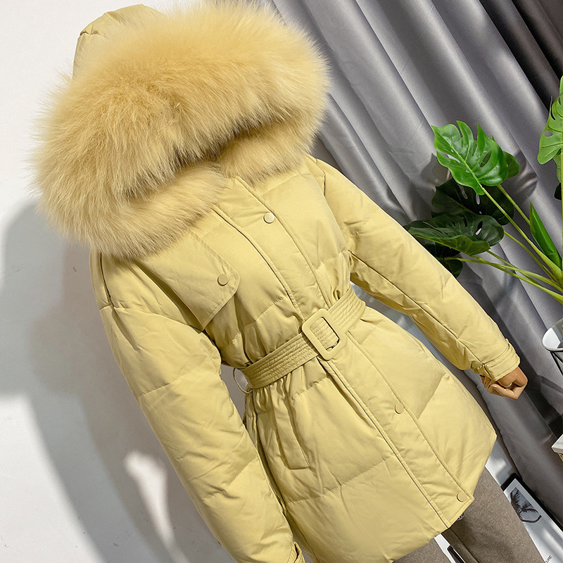 

Women Fox & Artificial Fur Collar Down Jacket Women Mid-length Winter White Duck Down Thick Waist Slim Down Coat Outerwear, Apricot-artificial fur