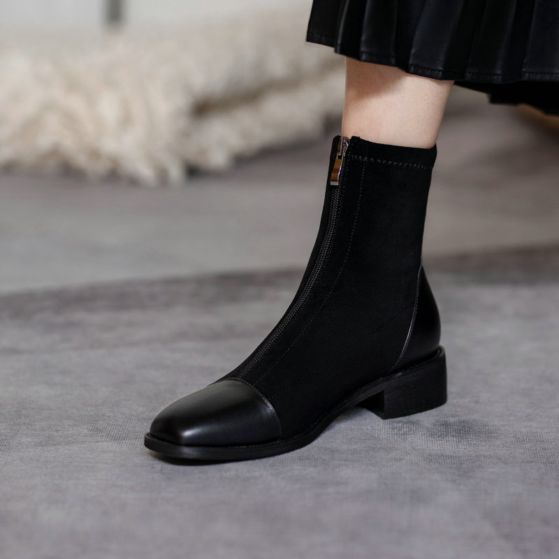 

EshtonShero Shoes Winter Woman Ankle Boots Flock Leather New Arrivals Square Low Heel Ladies Motorcycle Work Boots Size 33-40, Black