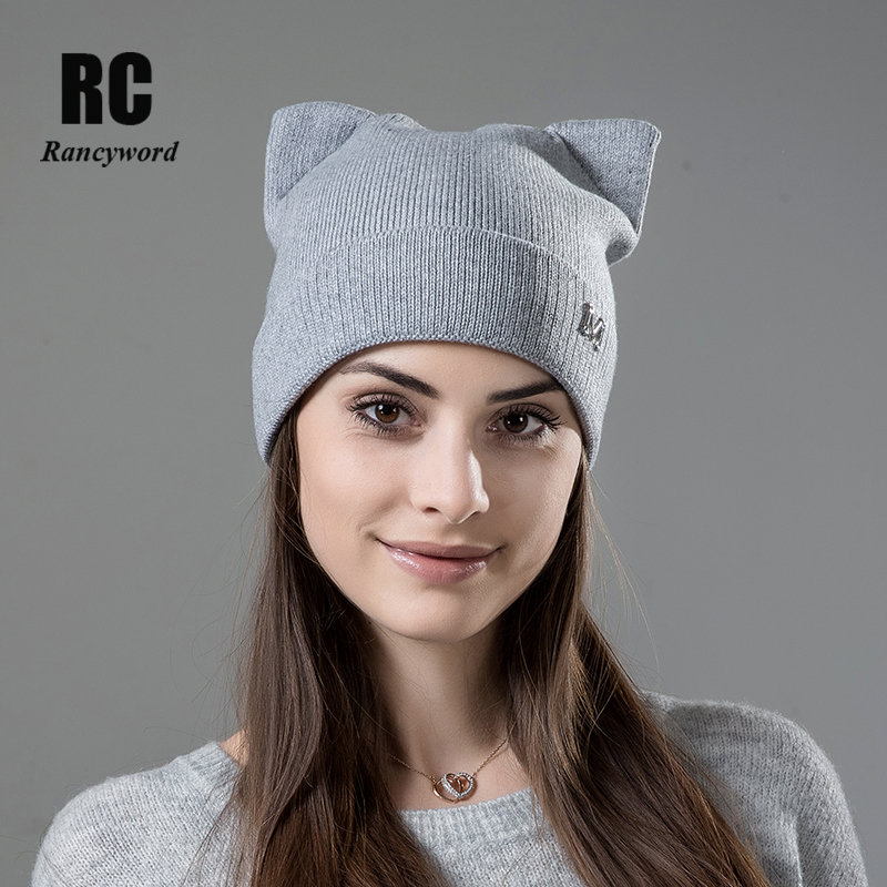 

Rancyword] Women's Winter Hat Wool Beanie Skullies Lovely Cat Ear Hat Cap Female Knitted Wool Warm Hats For Women Pompon RC1244, Black