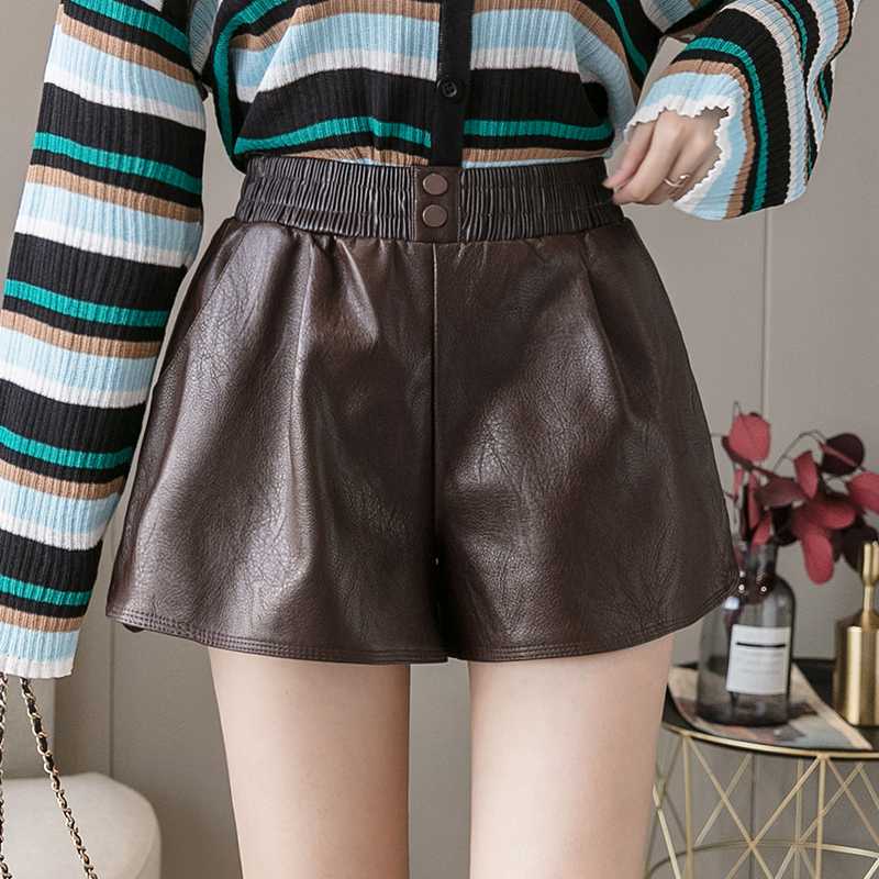 

Real photo autumn and winter Korean high waist loose elastic waist PU leather shorts two buttons short women trousers winter, Coffee shorts