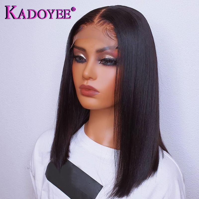 

KADOYEE Lace Frontal Wigs T Part Straight Lace Front Wig REMY Straight Human Hair Long Bob Wigs Brazilian Hair 180 Density, Natural color