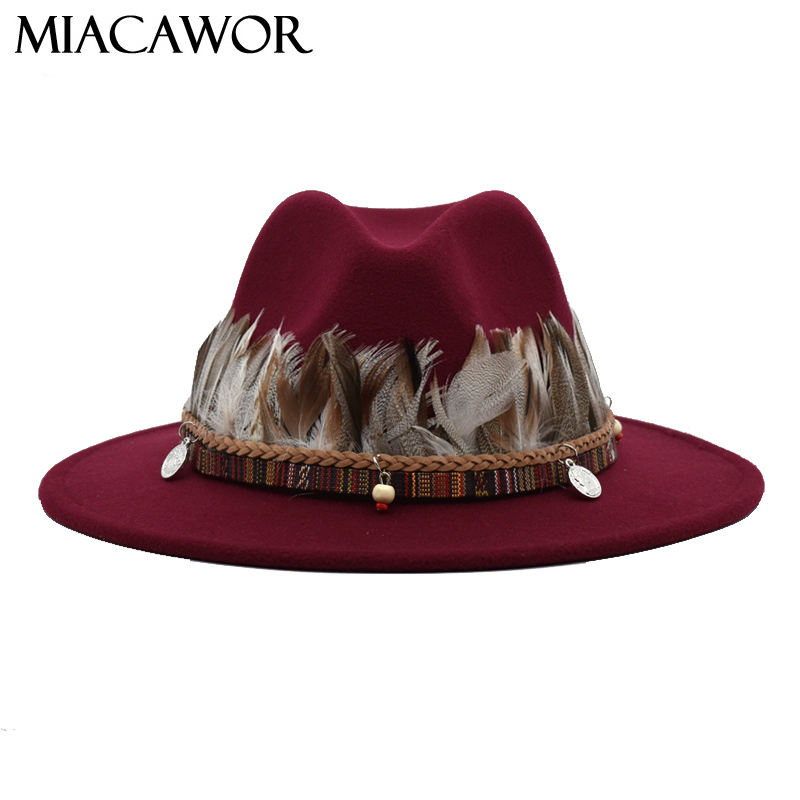 

MIACAWOR Fashionable Women's Feather Spring And Autumn Woolen Hats Top Jazz Hat Men's Panama Top Hat Fedora F2, Black