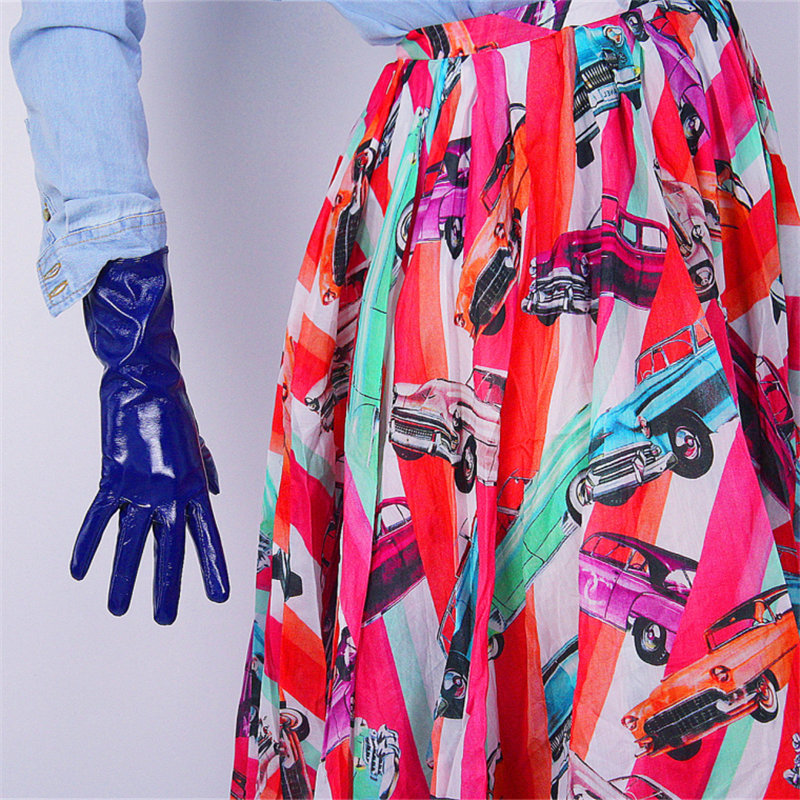 

28cm Patent Leather Warm Gloves Medium And Long Section Emulation Leather PU Elastic Mirror Bright Blue Women Gloves PU100-28