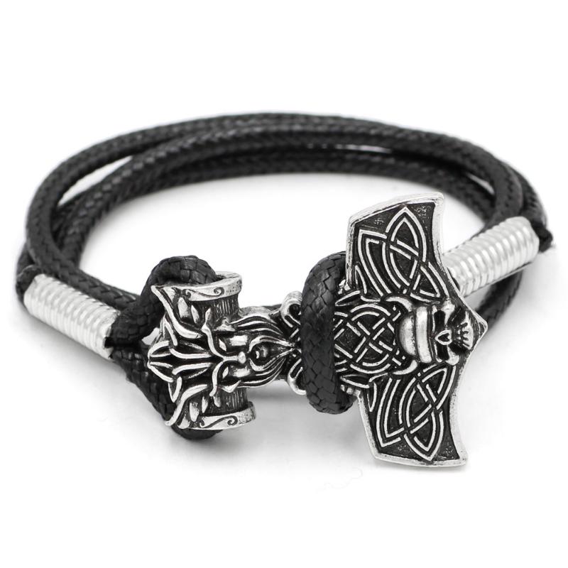 

Youeshone Norse Viking Hammer Amulet Nordic Odin Skull Face Mjolnir Bracelet - 23cm