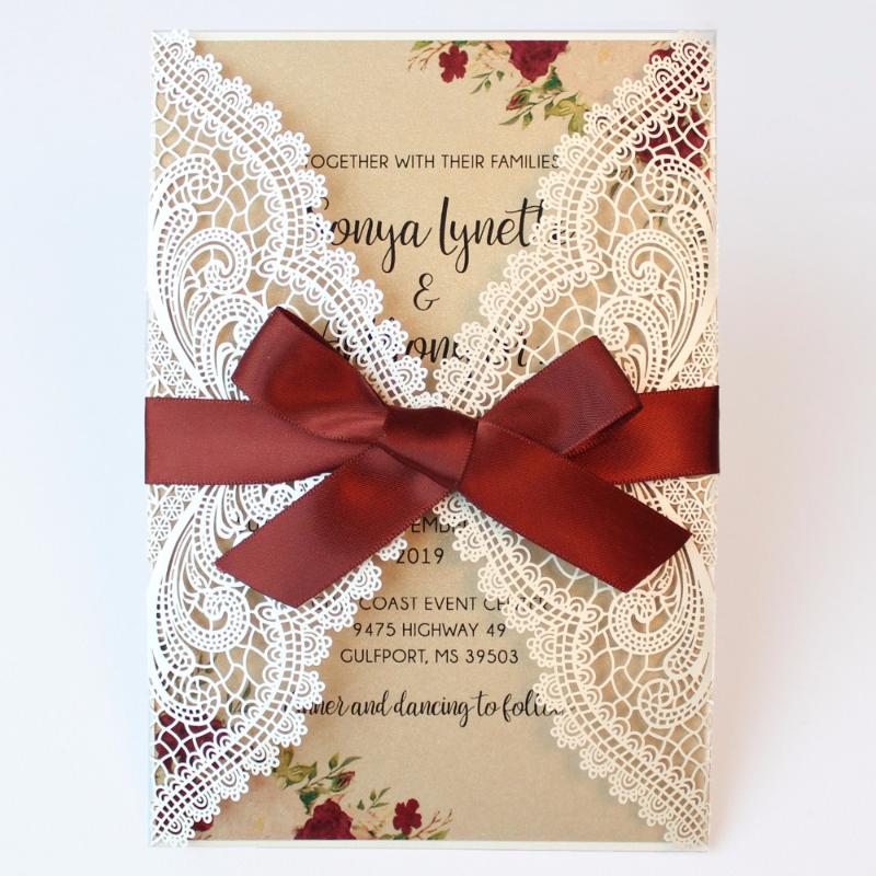 

Laser Cut Wedding Invitations Pearl Paper Invitations White Lace Wedding Invitation With Burgundy Ribbon Bow - Set of 50 pcs
