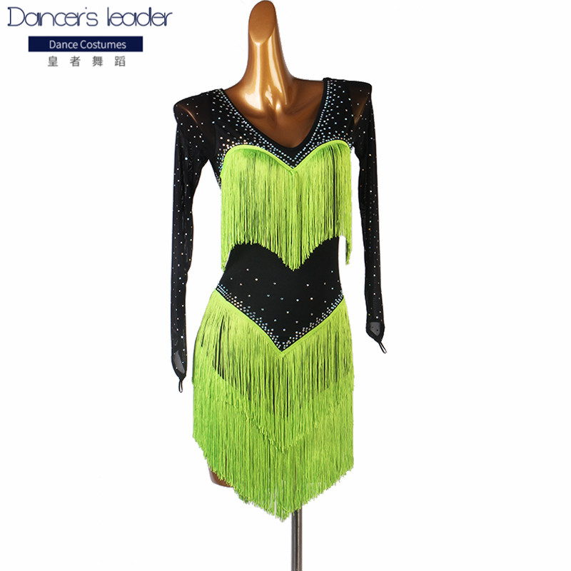 

2020 new latin dance dress high-end tassel costume three-step step on Jibat square dance skirt long sleeves, Green