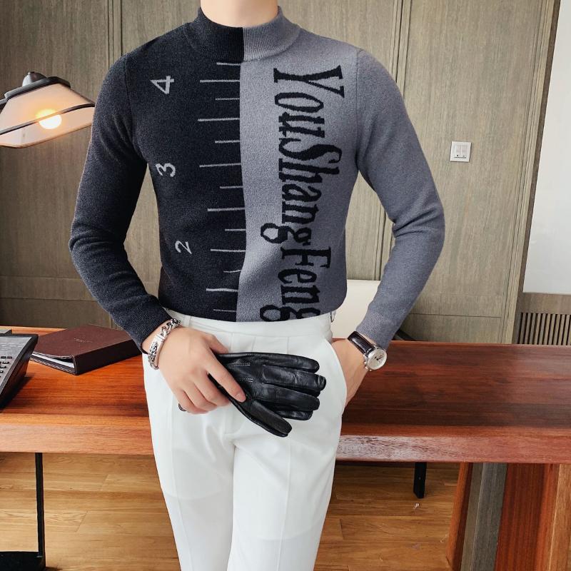 

Turtleneck Korean Style Fashion Letter Stitching Sweater Mens Pullover Sweater Pull Homme Autumn For Men Knitted, Black