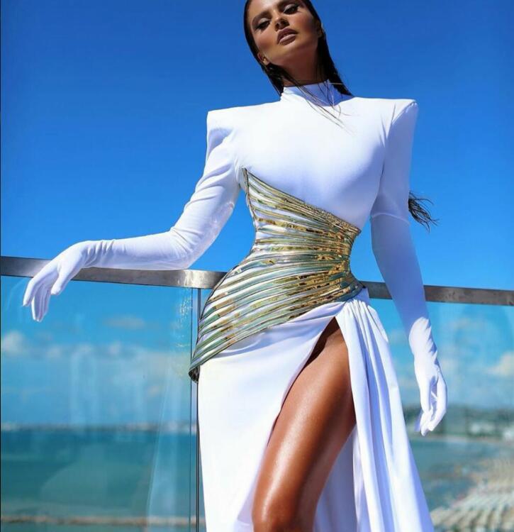 

New spring 2020 Evening dress Yousef aljasmi Long sleeve White Sheath High neck High shoulder Split Long dress Mermaid, Customize