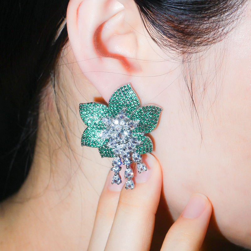 

Dangle & Chandelier ThreeGraces Luxury Green Geometric Flower Leaf Drop Big Earrings Cubic Zirconia Women Engagement Wedding Jewelry ER459