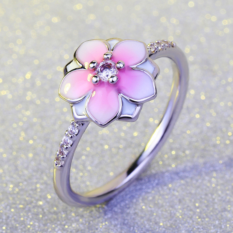 

2020 New Arrival Female Girls Cute Pink Flower Ring Fashion Silver Color Wedding Jewelry Promise Engagement Rings For Women