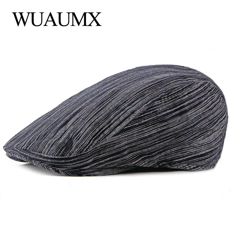 

Wuaumx Vintage Summer Berets Men Women Stripe Visor Peaked Flat Cap Thin Breathable Duckbill Hat Painter Beret Cap boina hombre, White