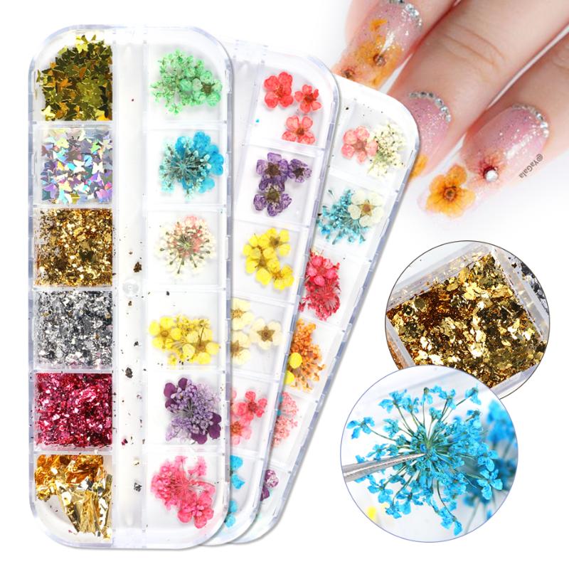 

Glitter Dried Flower Leaf Mixed Decoration Nail Art Gold Foil Butterfly Flakes Nails Sequin Charms DIY Acrylic Manicure JI1616