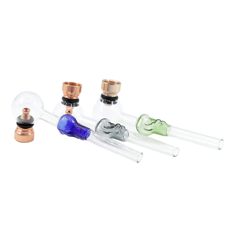 

5.3 inches glass Pipe new style Aluminium alloy three colors color handle single bubble tobacco pipes