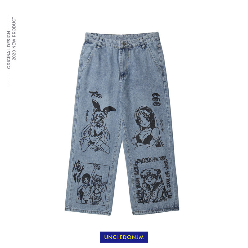 

UNCLEDONJM Cartoon Printed Jeans Men' BF Harajuku Fashion Brand Street Casual Fashion graffiti loose blue jeans N1163