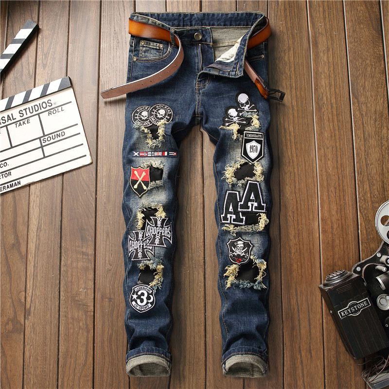 

Men's Retro Blue Jeans Pencil Pants Patch Skulls Pattern Patchwork Embroidery Long Trousers Holes J70, As pic