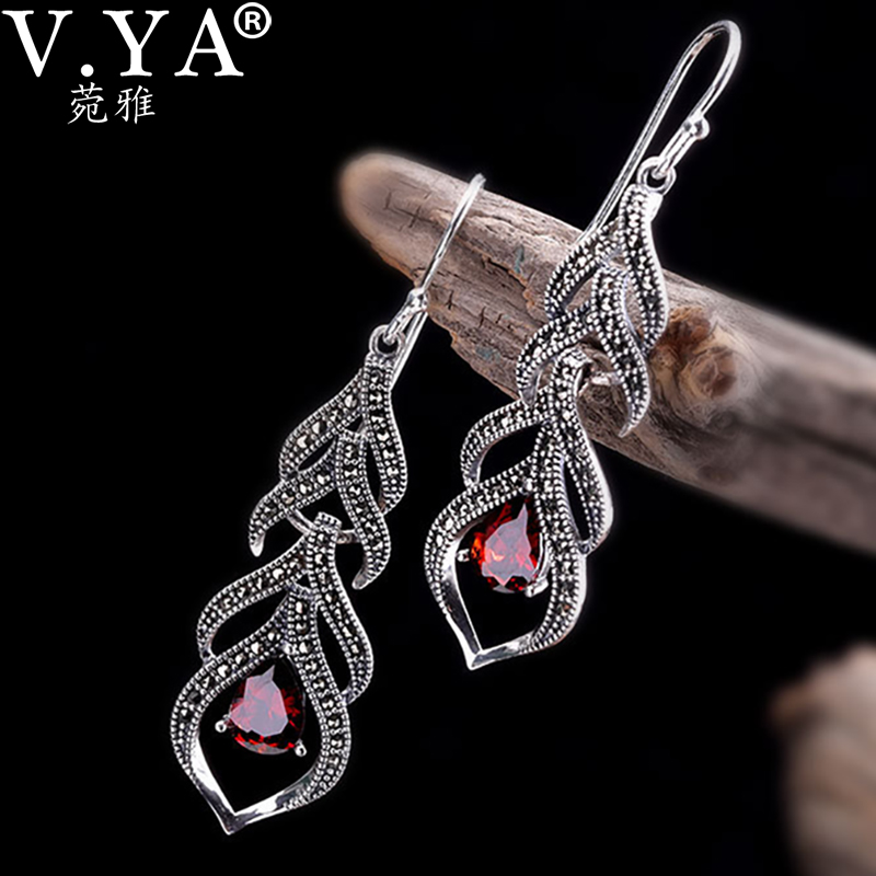 

V.YA Natural Red Stone Earrings for Women Bohemia Long Tassel Earring Boho Vintage S925 Sterling Silver Earing Bbijoux Jewelry