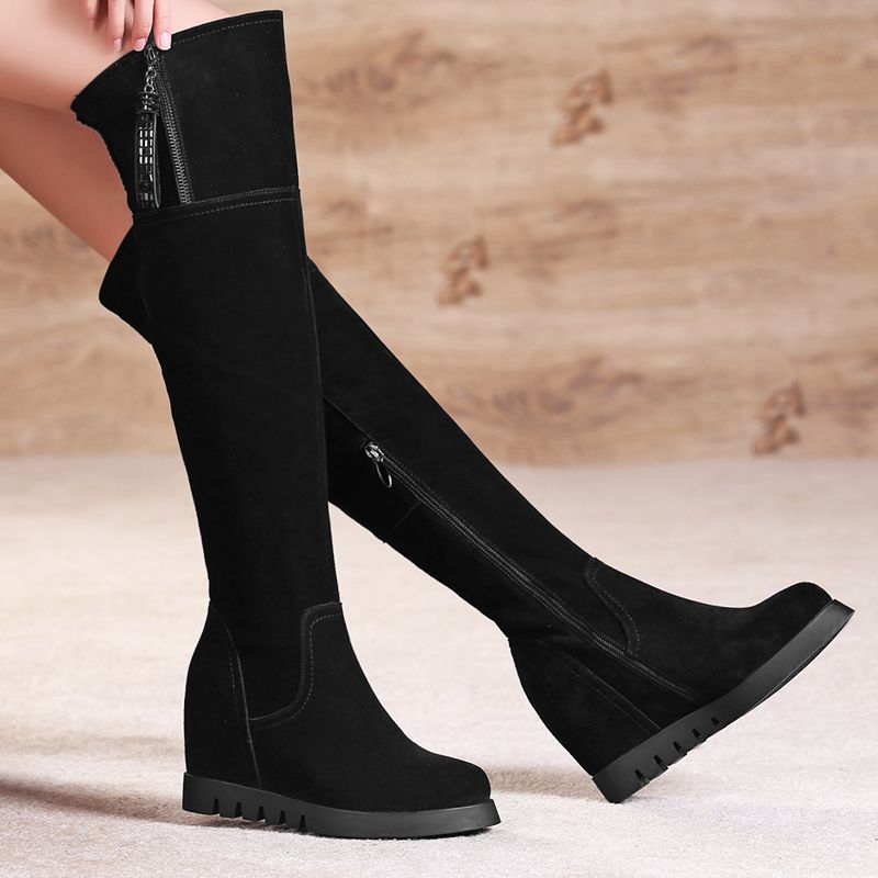

Women's natural suede leather wedge platform over the knee boots warm plush winter thigh high boots black slim long shoes