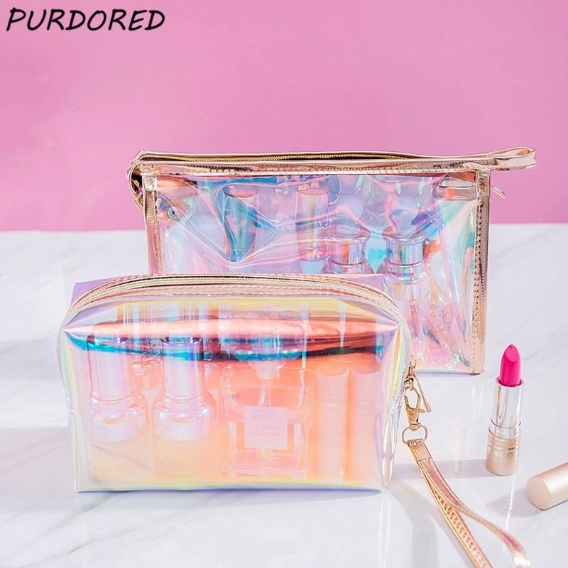 

PURDORED 1 Pc Colorful Holographic Women Cosmetic Bag TPU Clear Makeup Bag Beauty Organizer Pouch Travel Clear Makeup Kit Case, Small