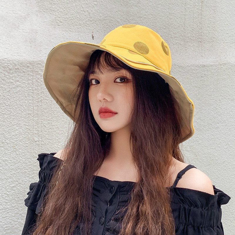

Spring and summer new fisherman hat female polka dot fake double brim fashion wild basin hat big edge shade, Black