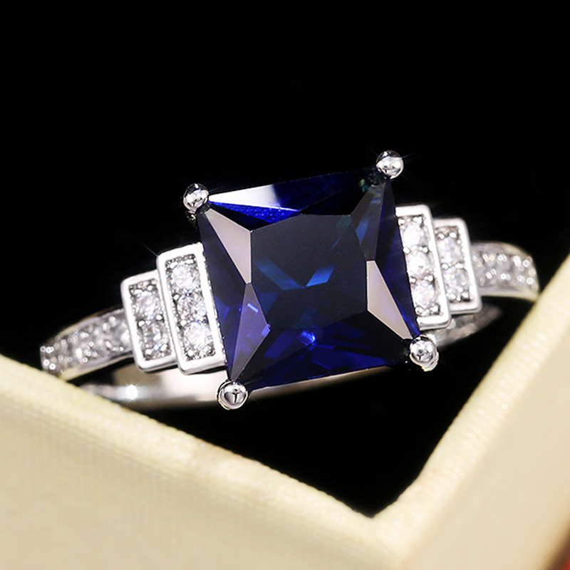 

Huitan Noble Blue Princess Cut Women Rings Elegant Lady Wedding Engagement Party Fashion Ring Jewelry Anniversary Gift for Lover