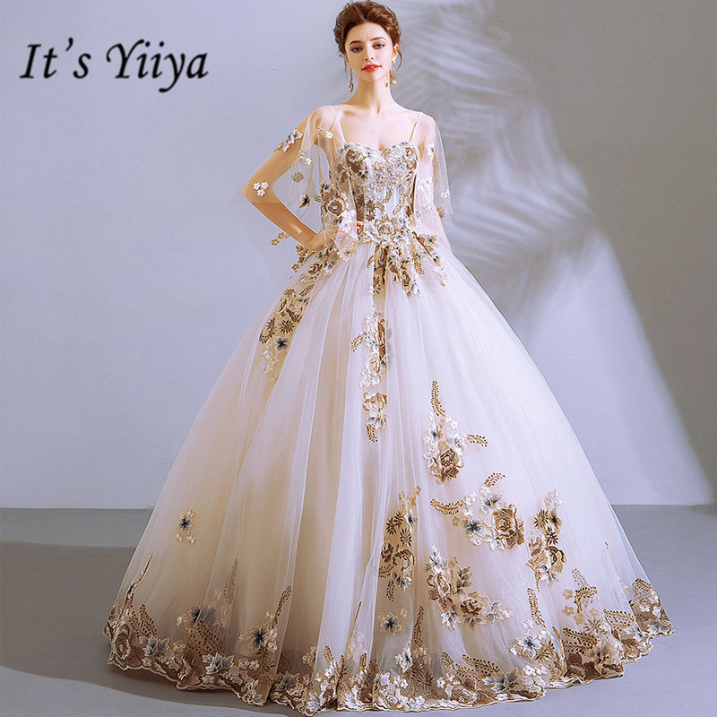 

It's YiiYa Wedding Dress White Square Collar Ball Gown Floor Length Long Party Dress Custom Plus Size Wedding Dresses 2019 E289