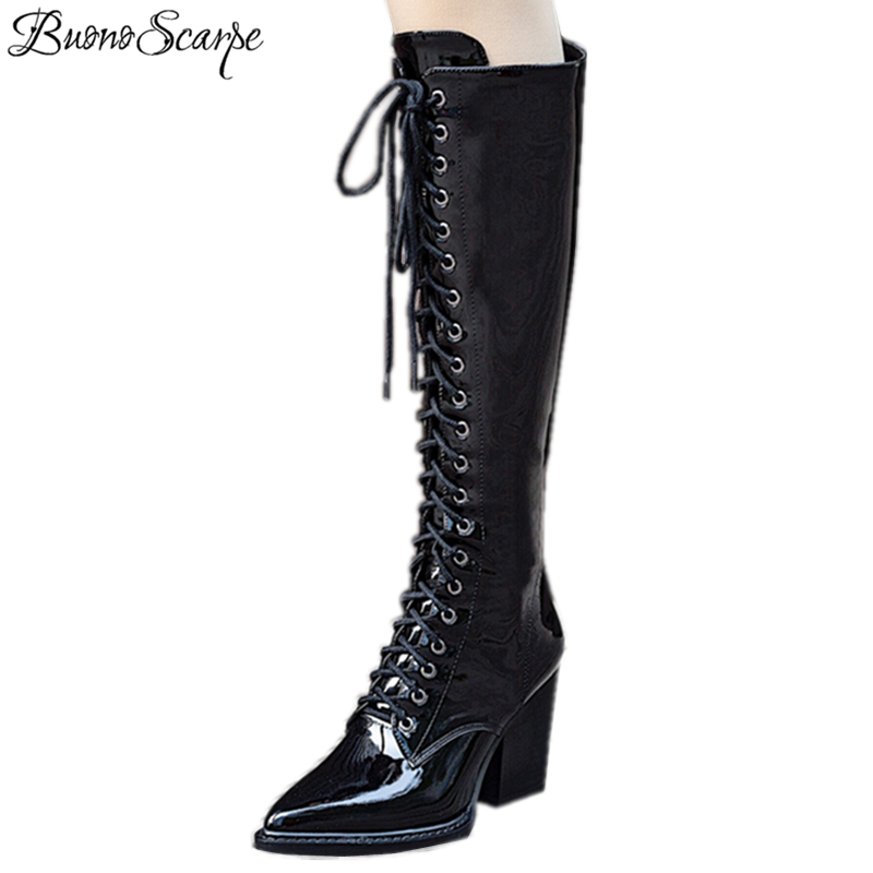 

BuonoScarpe Fashion Brand Design Cross Tied Knee High Boots Patent Leather Zipper Shoes Chunky High Heel Motorcycle Female Boots, Plush in short