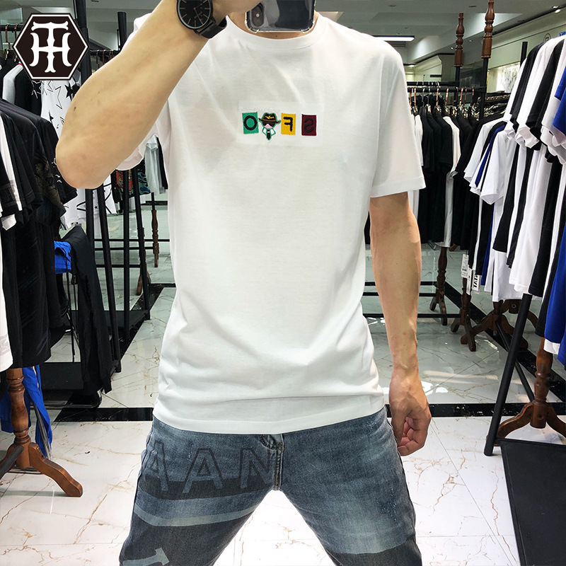 

2020 men's T-shirt trendy brand T-shirt men's mercerized cotton hot diamond embroidery small monster short sleeve men's half sleeve, White;black