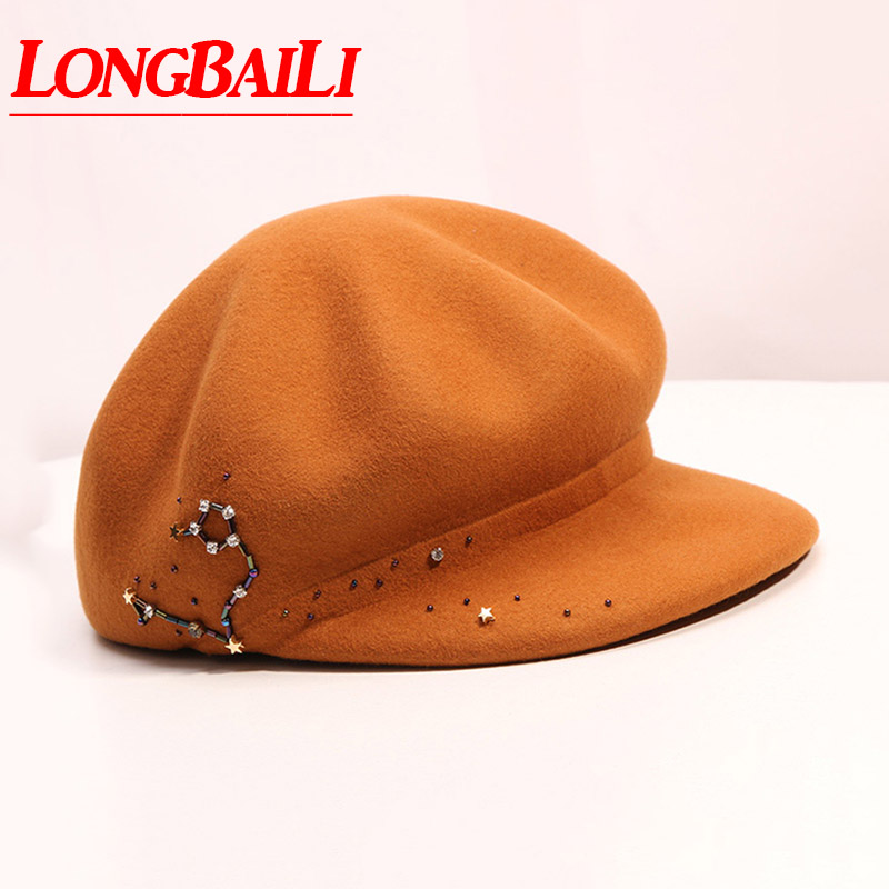 

LongBaiLi Winter Quality Wool Felt Octagonal Caps For Women Free Shipping PWSV031, Black