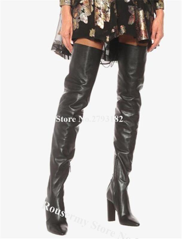 

Women Sexy Pointed Toe Over Knee Chunky Heel Boots Black Leather Back Lace-up Thigh Long Thick HIgh Heel Boots Slim, As picture