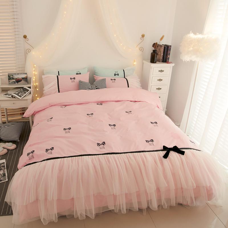 

Pink blue luxury cotton lace bedding set  queen king size girls korean duvet cover bedding sets bed skirt set pillowcase, Color 1